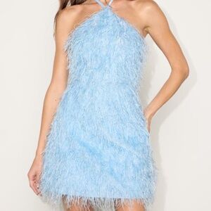 Fleur The Label Colmar Light Blue Tinsel Fringe Halter Mini Dress - Size S